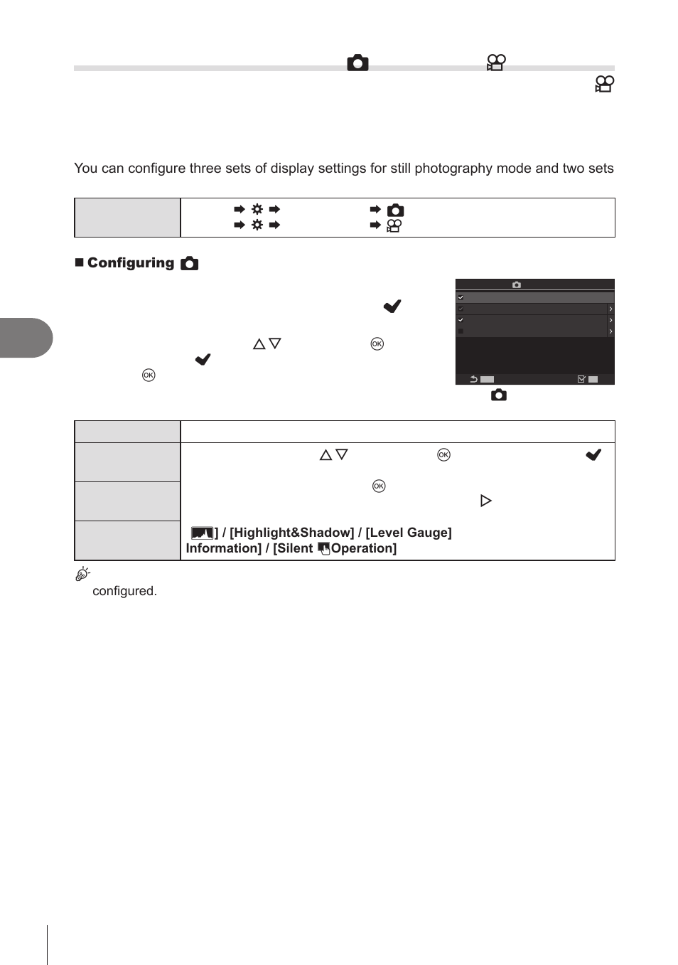 Shooting indicators, Info, Settings | Info settings), Info settings, Info settings)” (p. 230), Pa s m b, Customizing the camera | OM SYSTEM OM-1 Mirrorless Camera User Manual | Page 230 / 342