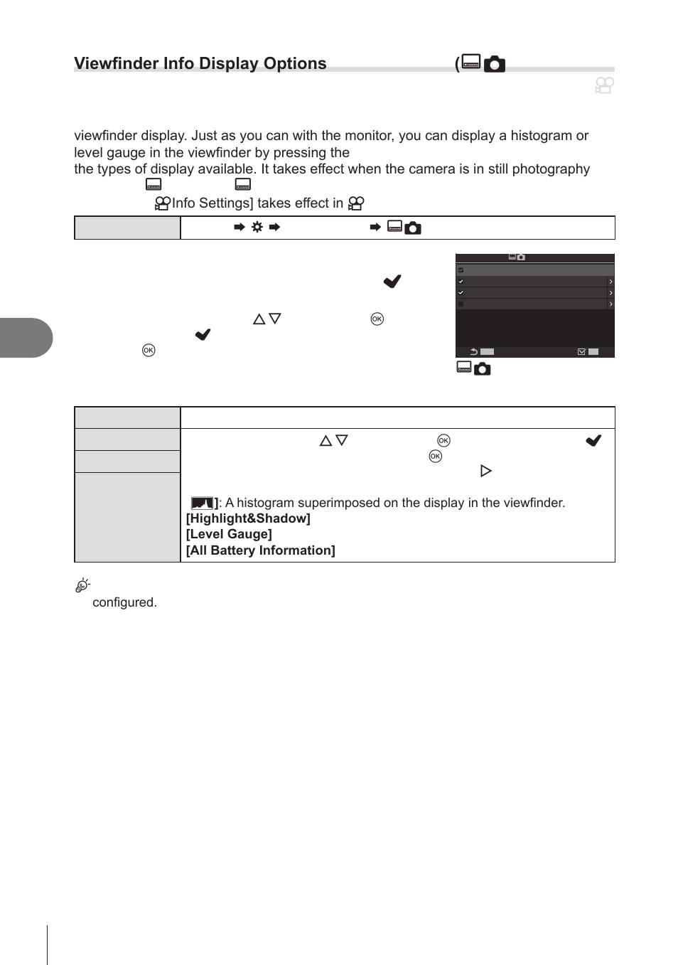 Viewfinder info display options, Info settings), Pa s m b | Customizing the camera | OM SYSTEM OM-1 Mirrorless Camera User Manual | Page 232 / 342