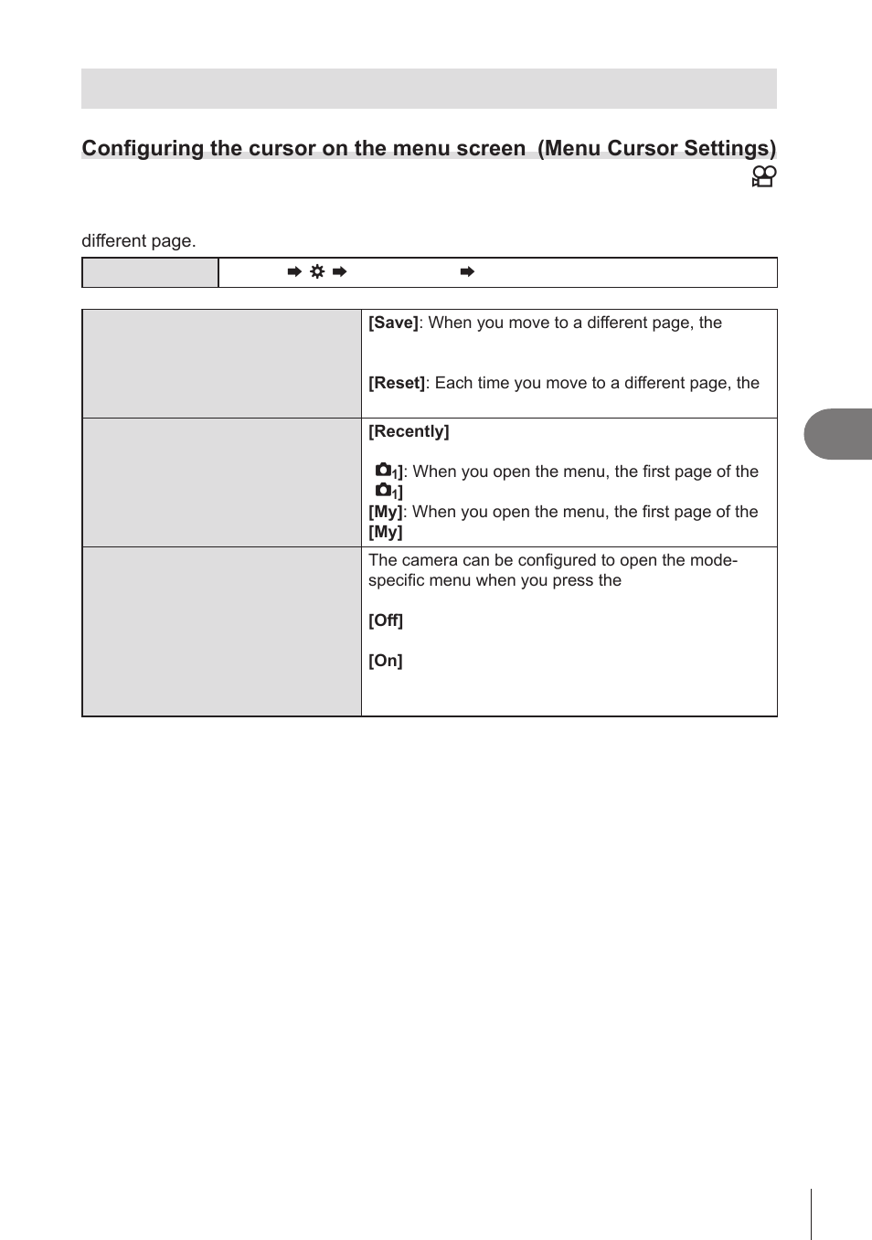 Settings related to operation and display of menus, Configuring the cursor on the, Menu screen (menu cursor settings) | Pa s m b, Customizing the camera | OM SYSTEM OM-1 Mirrorless Camera User Manual | Page 237 / 342