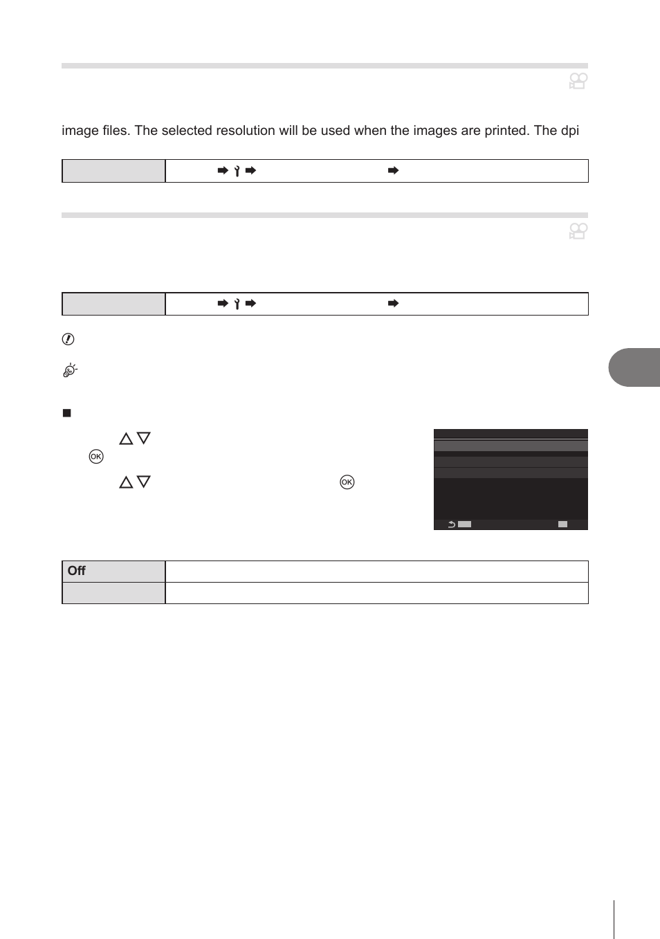 Output resolution (dpi settings), Adding copyright information (copyright info.), Pa s m b | Setting up the camera | OM SYSTEM OM-1 Mirrorless Camera User Manual | Page 247 / 342