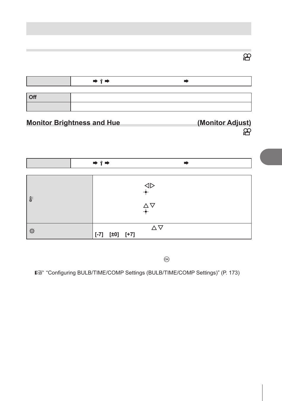 Disabling touch controls (touchscreen settings), Monitor brightness and hue (monitor adjust), Monitor/sound/connection settings | Disabling touch controls (touchscreen, Settings)” (p. 249), Pa s m b, Setting up the camera | OM SYSTEM OM-1 Mirrorless Camera User Manual | Page 249 / 342