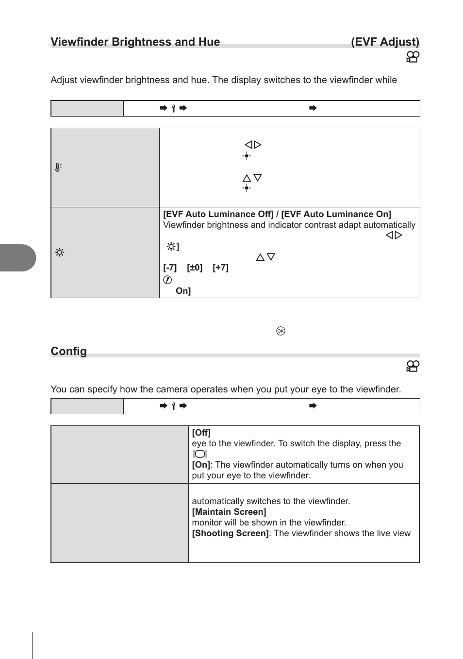 Viewfinder brightness and hue, Evf adjust), Configuring the eye sensor | Eye sensor settings), G the, Eye sensor (eye sensor settings)” (p. 250), Auto switch] (p. 250), the display will switch, Pa s m b, Setting up the camera, Viewfinder brightness and hue (evf adjust) | OM SYSTEM OM-1 Mirrorless Camera User Manual | Page 250 / 342