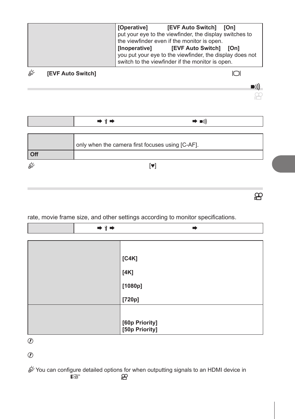 Disabling the focus beep, External monitor display options (hdmi settings), Pa s m b | Setting up the camera, Disabling the focus beep ( 8 ) | OM SYSTEM OM-1 Mirrorless Camera User Manual | Page 251 / 342