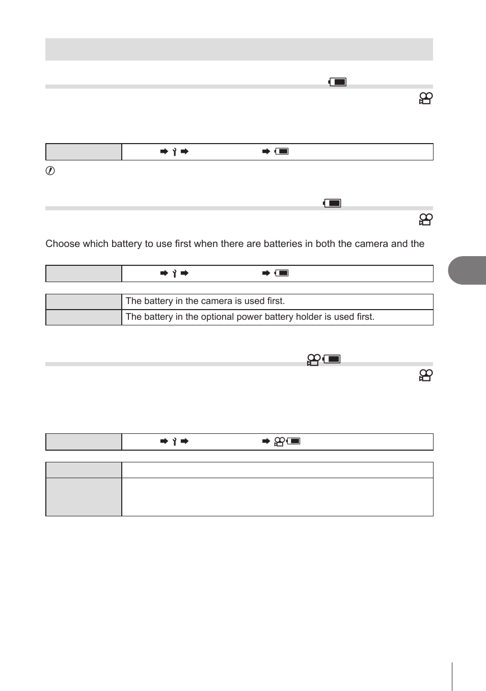 Battery/sleep settings, Displaying battery status, Battery status) | Setting which battery is used first, Battery priority), Display pattern), Pa s m b | OM SYSTEM OM-1 Mirrorless Camera User Manual | Page 253 / 342