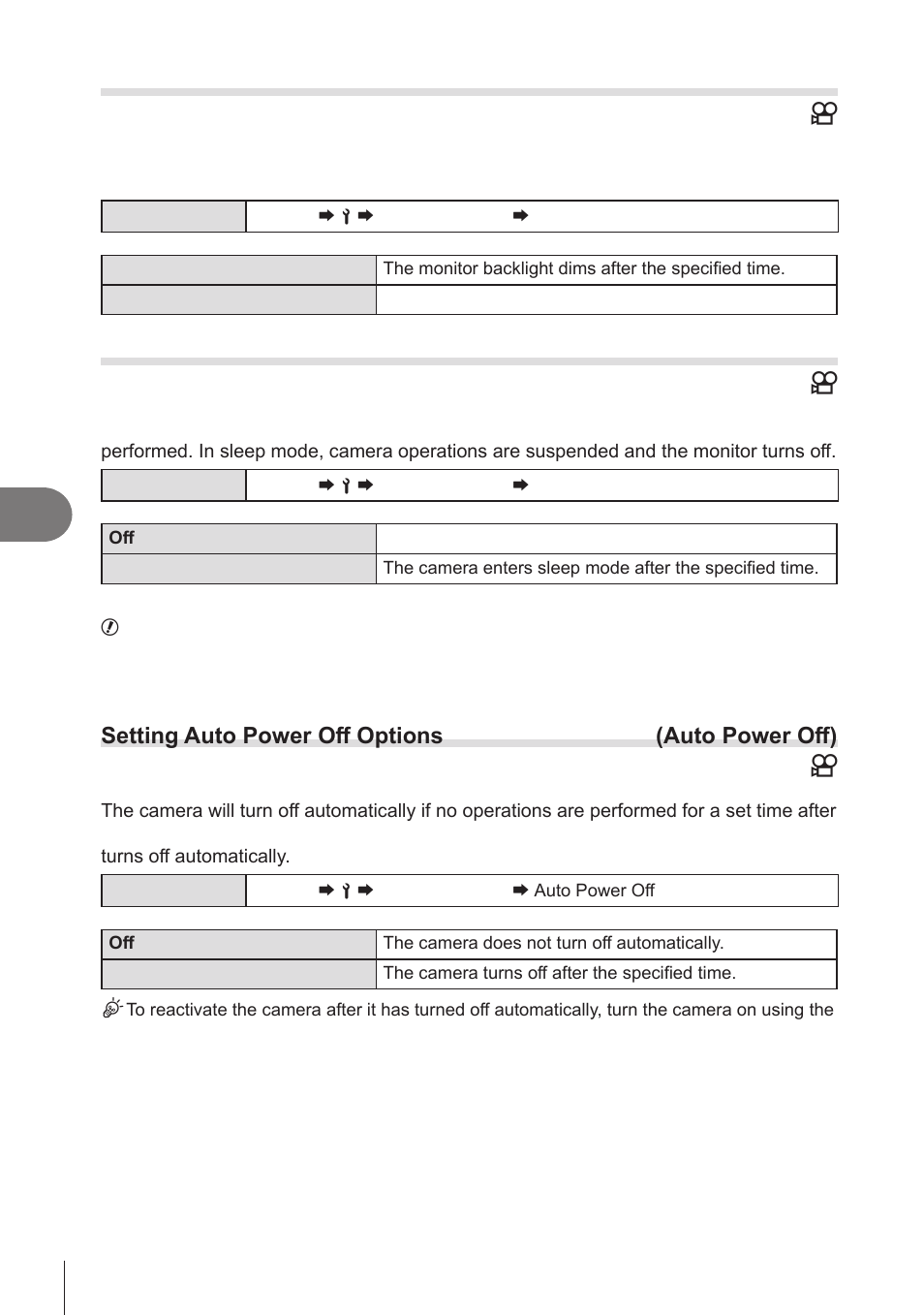 Dimming the backlight (backlit lcd), Setting sleep (power saving) options (sleep), Setting auto power off options | Auto power off), Power off options (auto power off)” (p. 254), Pa s m b, Setting up the camera, Setting auto power off options (auto power off) | OM SYSTEM OM-1 Mirrorless Camera User Manual | Page 254 / 342