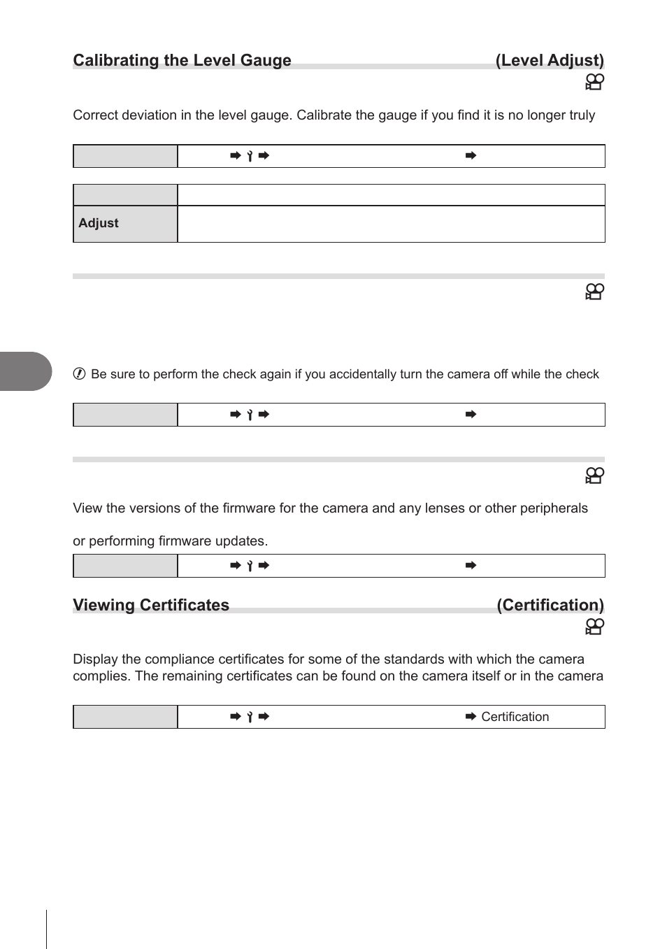 Calibrating the level gauge (level adjust), Image processing check (pixel mapping), Viewing the firmware version (firmware version) | Viewing certificates, Certification), Calibrating the, Level gauge (level adjust)” (p. 258), Pa s m b | OM SYSTEM OM-1 Mirrorless Camera User Manual | Page 258 / 342