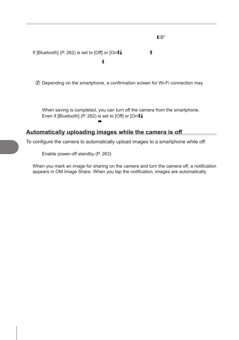 Transferring images to a smartphone, Automatically uploading images, While the camera is off | Connecting the camera to external devices | OM SYSTEM OM-1 Mirrorless Camera User Manual | Page 264 / 342