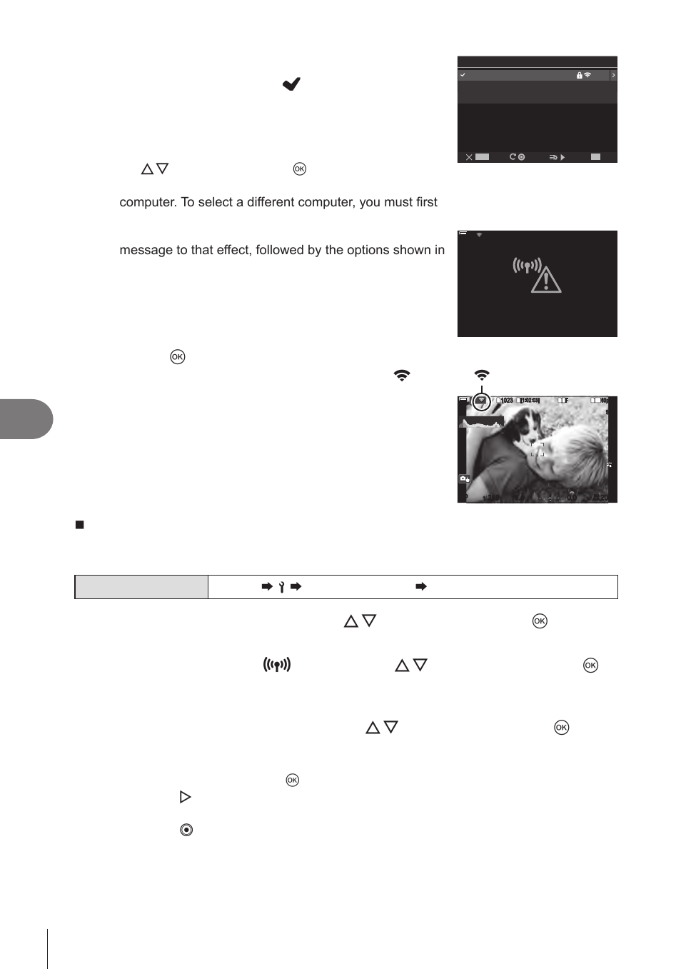 Choose the network from a list (p. 274), Connecting the camera to external devices, 274 en | Press the q button to exit to the shooting display | OM SYSTEM OM-1 Mirrorless Camera User Manual | Page 274 / 342