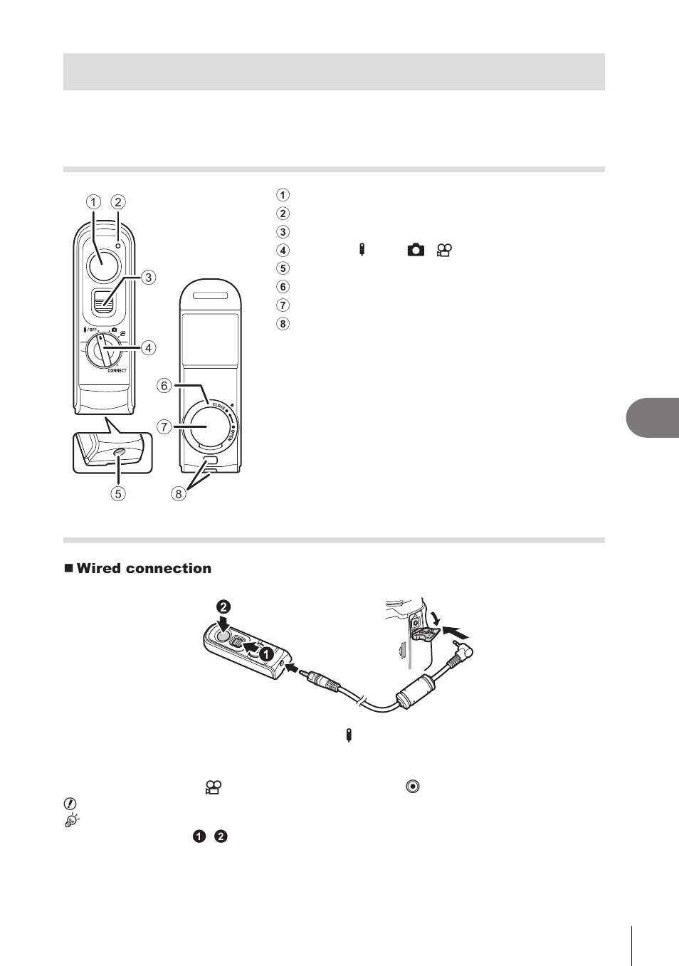 Using the remote control, Names of parts, Connection | P. 279, Connecting the camera to external devices | OM SYSTEM OM-1 Mirrorless Camera User Manual | Page 279 / 342