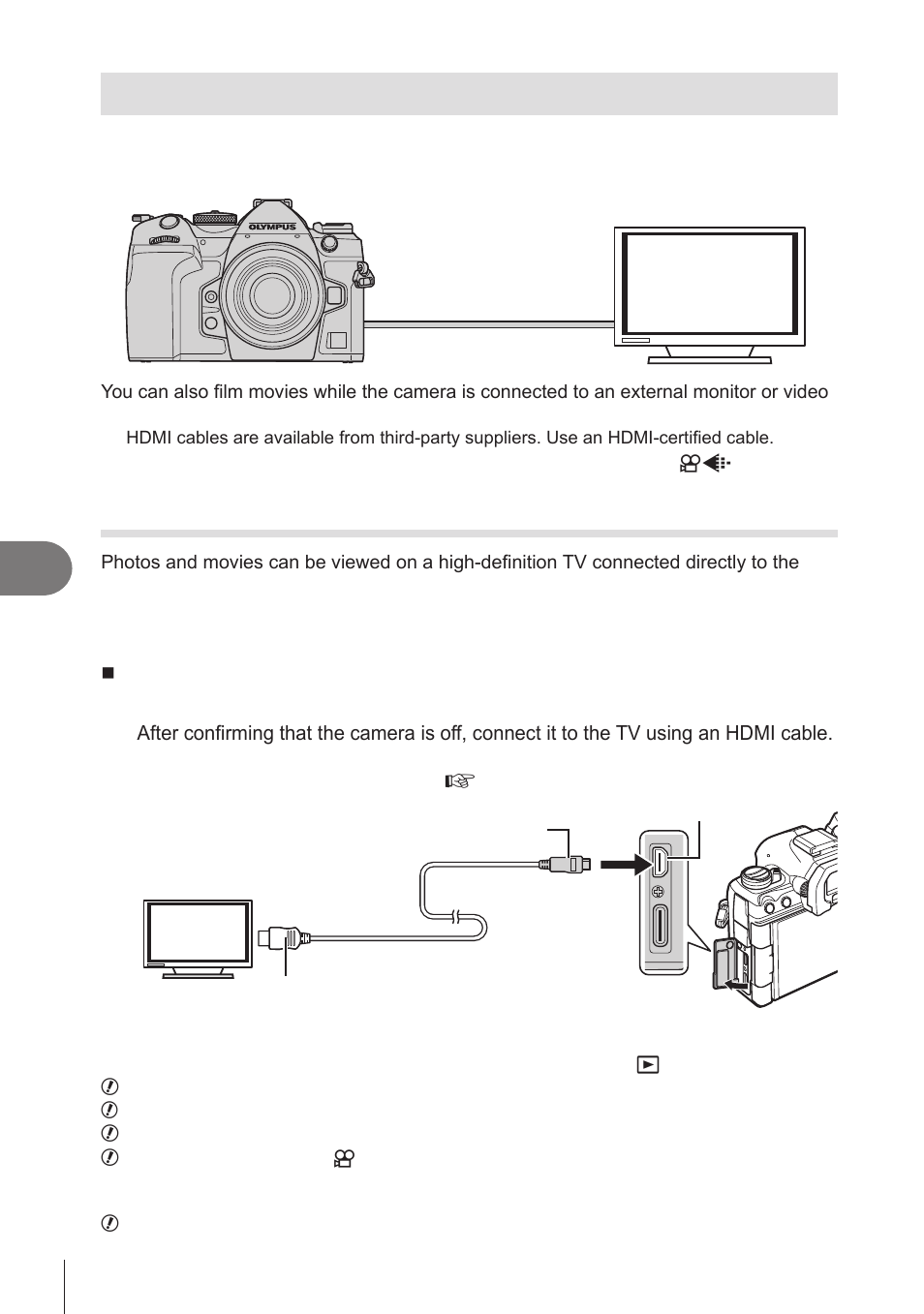 Connecting to tvs or external displays via hdmi, Viewing pictures on a tv (hdmi), Connecting the camera to external devices | OM SYSTEM OM-1 Mirrorless Camera User Manual | Page 288 / 342