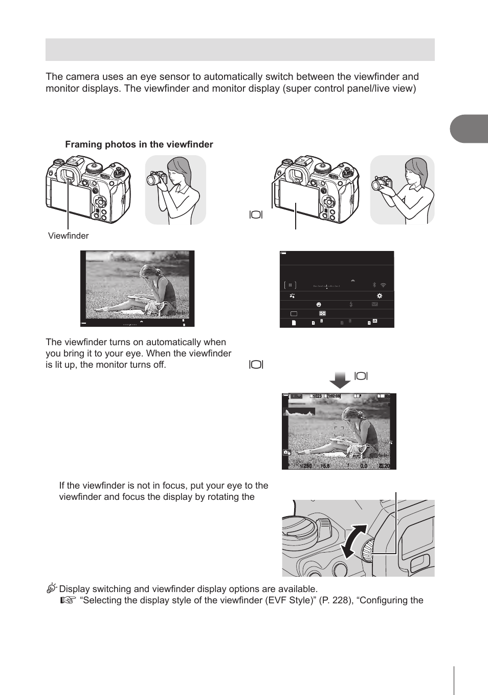 Switching between displays, P. 37, P. 37, 228 | Shooting, 37 en, Viewfinder monitor u ( lv ) button, U( lv ) button, Diopter adjustment dial | OM SYSTEM OM-1 Mirrorless Camera User Manual | Page 37 / 342