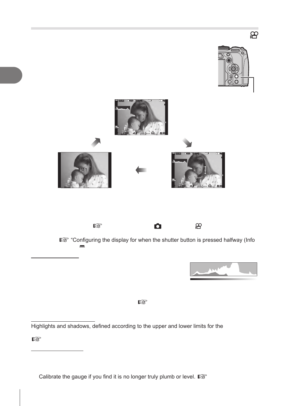 Switching the information display, P. 38, p, P. 38 | Pa s m b, Shooting, 38 en, Info button, More less dark bright | OM SYSTEM OM-1 Mirrorless Camera User Manual | Page 38 / 342