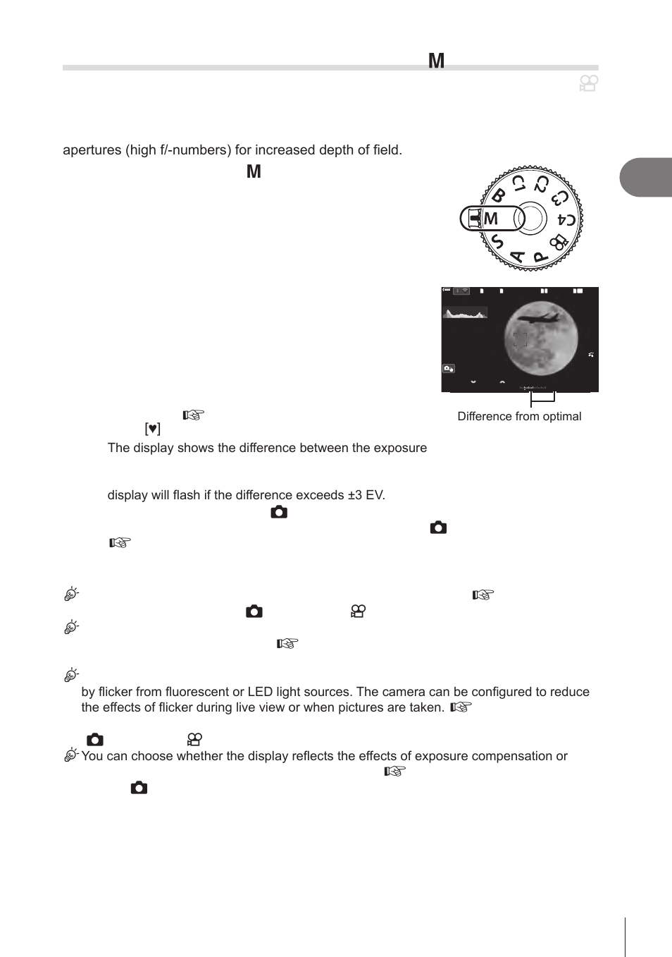 Choosing aperture and shutter speed, Manual exposure), Manual exposure (p. 49) | Pa s m b, Shooting, 49 en, Rotate the mode dial to m, Adjust aperture and shutter speed, Take pictures | OM SYSTEM OM-1 Mirrorless Camera User Manual | Page 49 / 342