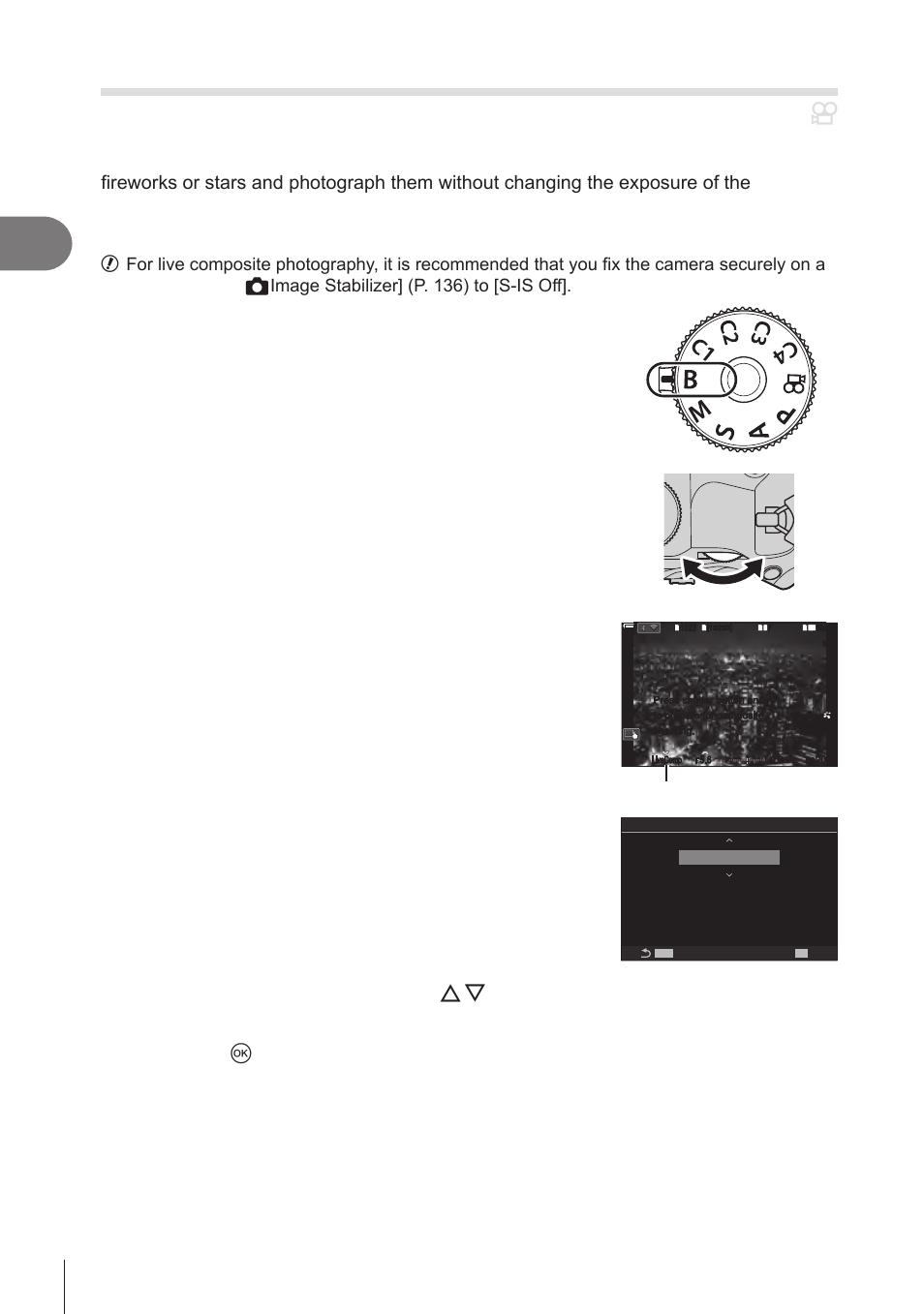 Lighten blending, Live, Composite photography) | Live composite (p. 54), Pa s m b, Shooting, Live composite photography), 54 en, Rotate the mode dial to, Select [live comp | OM SYSTEM OM-1 Mirrorless Camera User Manual | Page 54 / 342