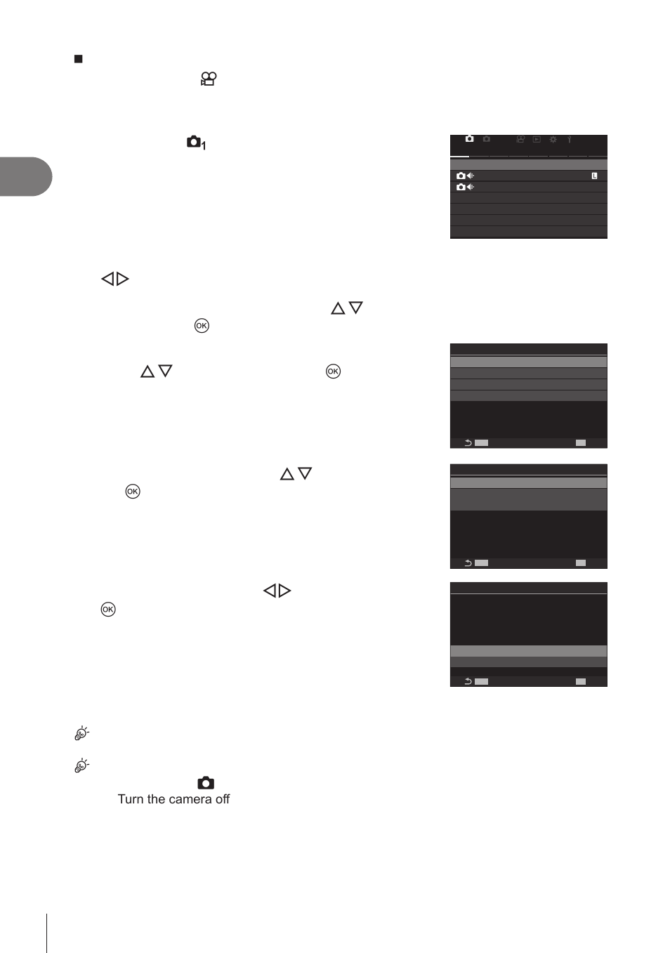 Shooting, 58 en, Press the menu button to display the menus | Highlight the _ tab using the front dial, Press the menu button to exit the menus | OM SYSTEM OM-1 Mirrorless Camera User Manual | Page 58 / 342