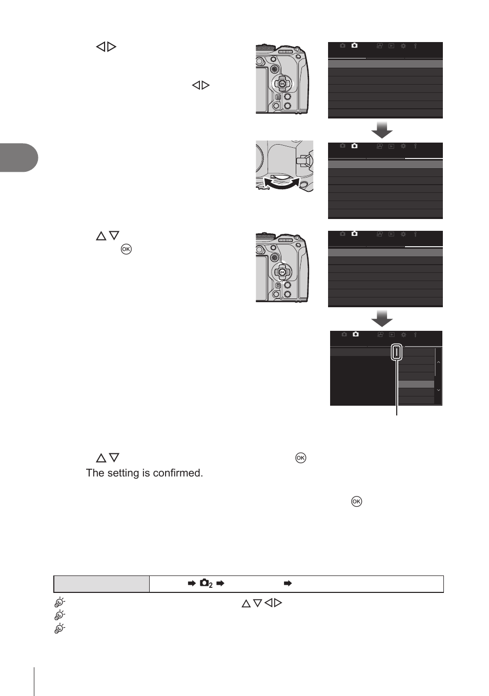 Using the menus, 64 en, Use hi or the rear dial to select the desired page | Use fg to select [ae bkt] and press the q button, Default settings” (p. 311) | OM SYSTEM OM-1 Mirrorless Camera User Manual | Page 64 / 342