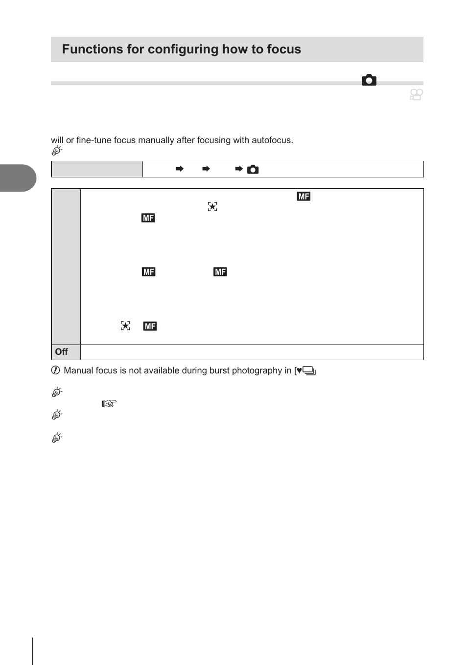 Functions for configuring how, To focus, Combined auto and manual focus | Af+mf), P. 82), Pa s m b, Functions for configuring how to focus, Shooting settings, Combined auto and manual focus ( k af+mf) | OM SYSTEM OM-1 Mirrorless Camera User Manual | Page 82 / 342