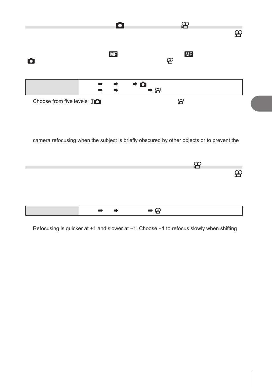 C-af tracking sensitivity, C-af sensitivity, C-af | Sensitivity), C-af focus speed, C-af speed), Pa s m b, Shooting settings, C-af focus speed ( n c-af speed) | OM SYSTEM OM-1 Mirrorless Camera User Manual | Page 87 / 342