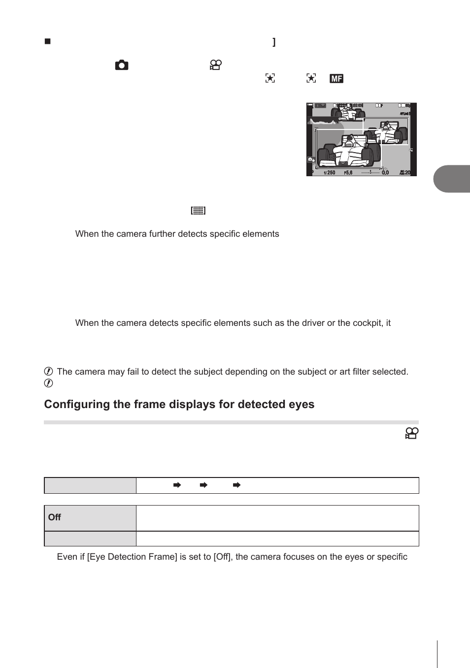 Configuring the frame displays, For detected eyes (eye detection frame), The eyes can be hidden from the menu (p. 91) | Pa s m b, Shooting settings, 91 en, Select the [ k af mode] or the [ n af mode, Point the camera at your subject, Press the shutter button halfway to focus, Taking pictures using [subject detection | OM SYSTEM OM-1 Mirrorless Camera User Manual | Page 91 / 342