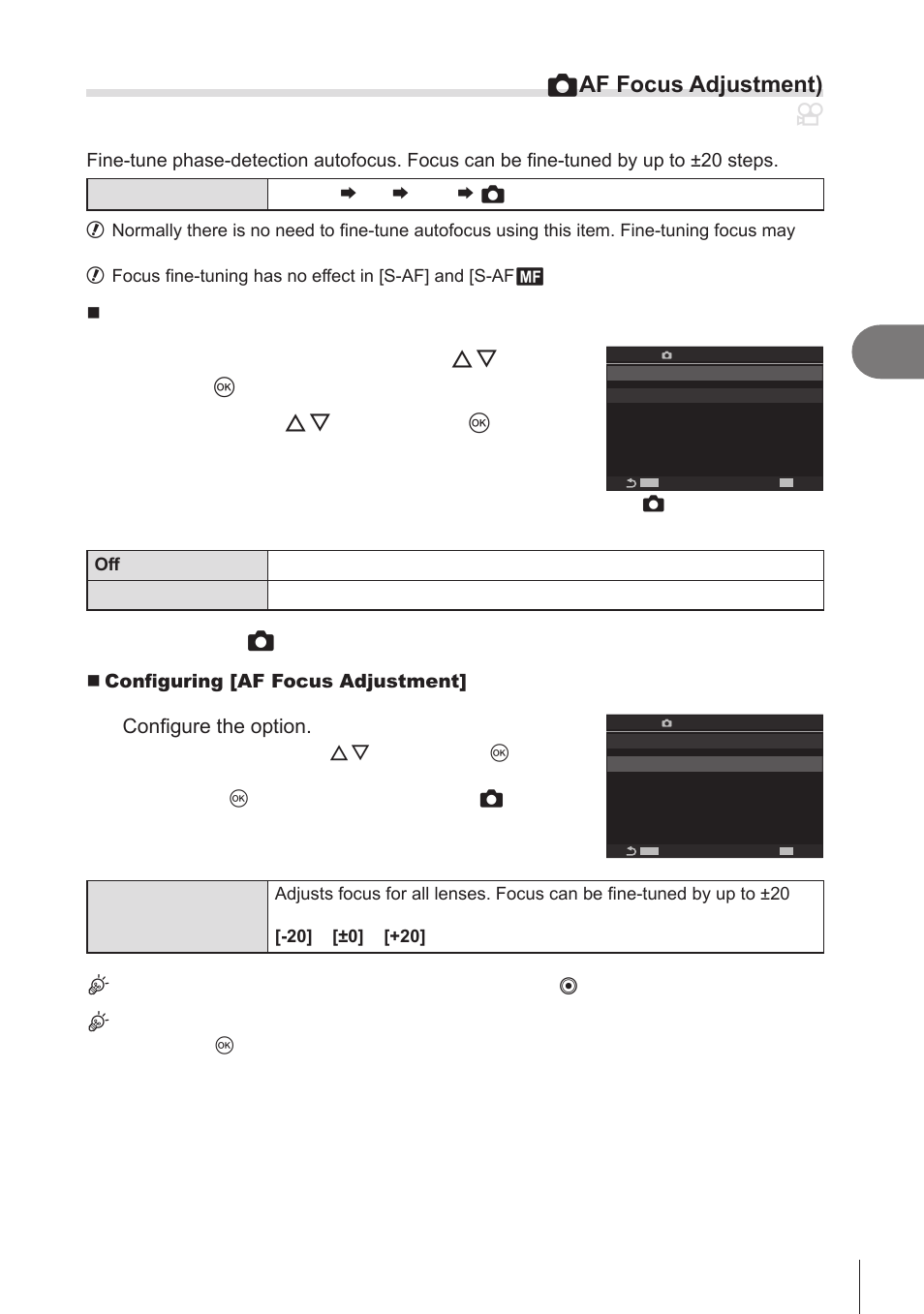 Fine-tuning autofocus, Af focus adjustment), Pa s m b | Shooting settings, Fine-tuning autofocus ( k af focus adjustment) | OM SYSTEM OM-1 Mirrorless Camera User Manual | Page 95 / 342