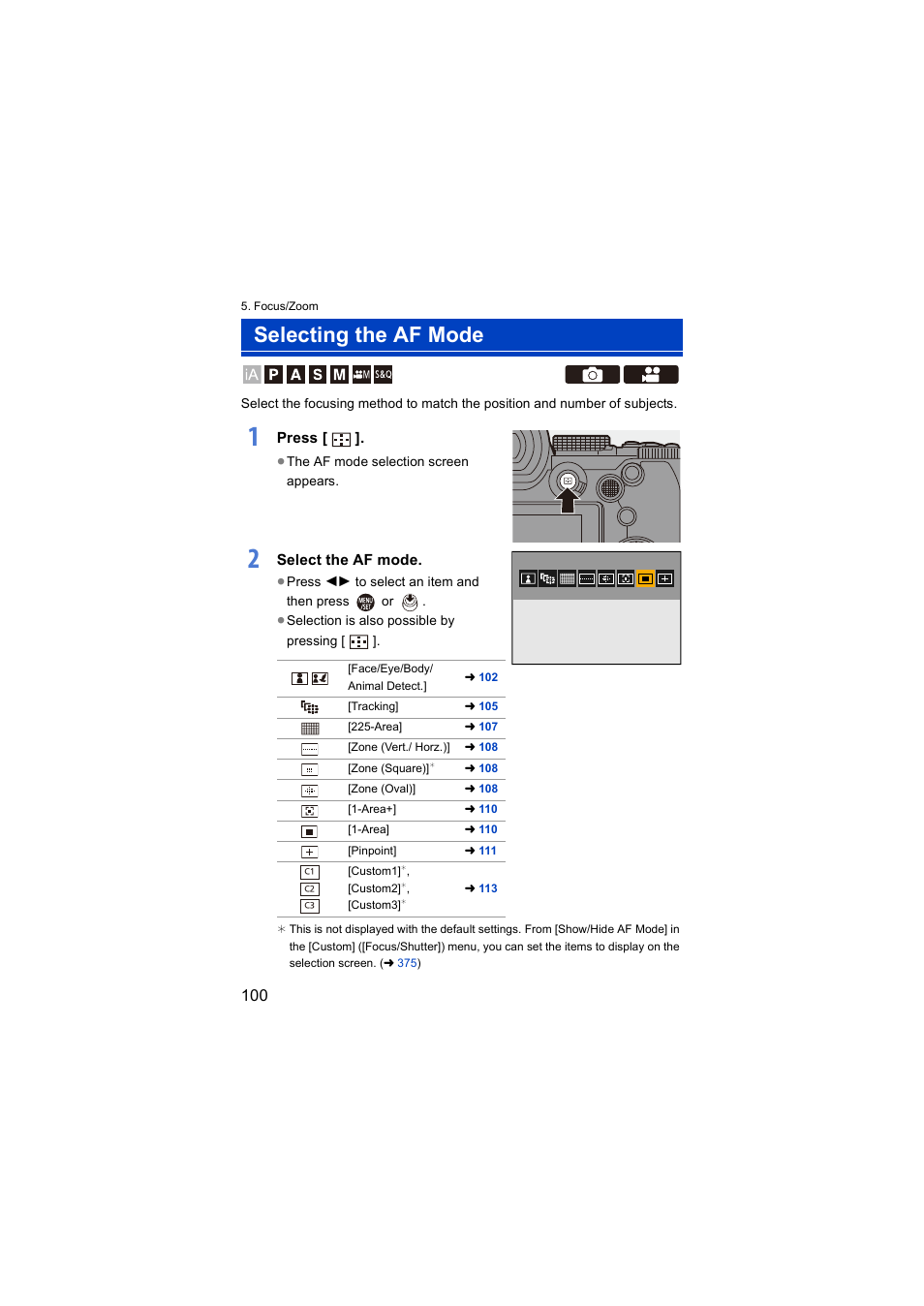 Selecting the af mode, Press, Select the af mode | Panasonic Lumix S5 Mirrorless Camera User Manual | Page 100 / 570