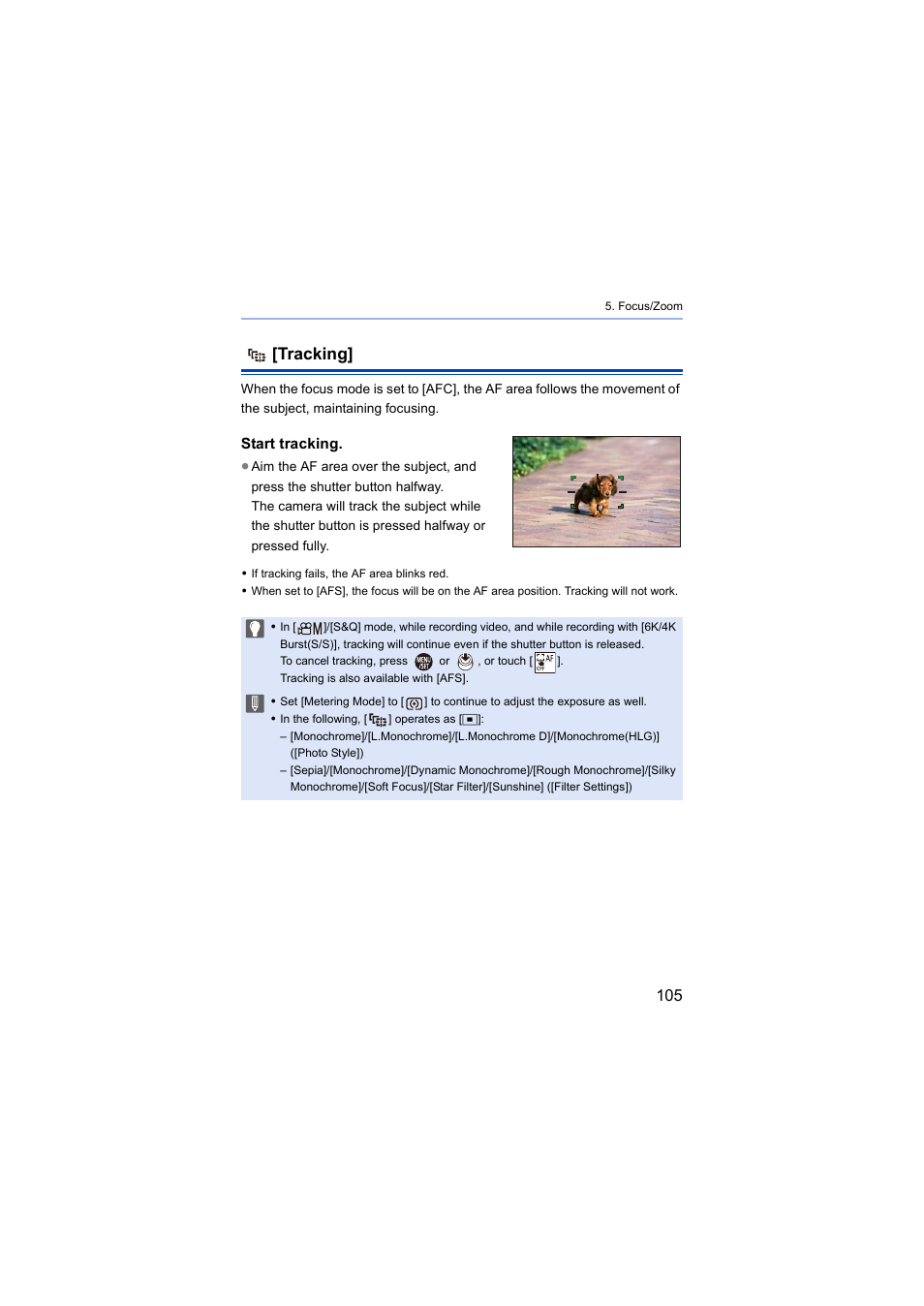 Tracking, Start tracking | Panasonic Lumix S5 Mirrorless Camera User Manual | Page 105 / 570