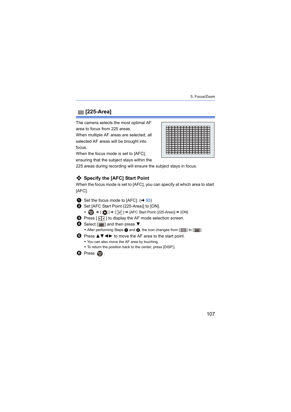 Area, Specify the [afc] start point | Panasonic Lumix S5 Mirrorless Camera User Manual | Page 107 / 570