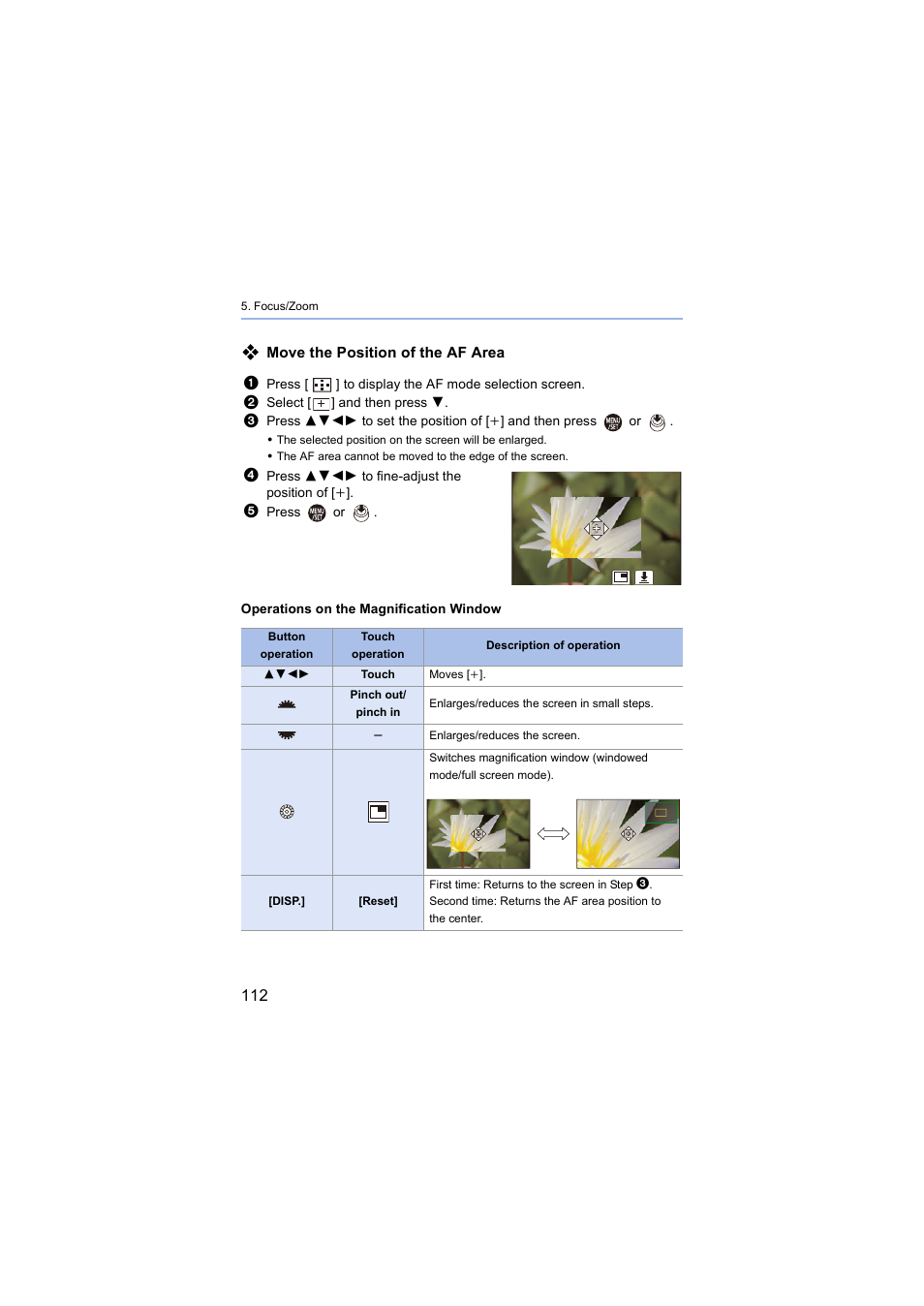 Move the position of the af area | Panasonic Lumix S5 Mirrorless Camera User Manual | Page 112 / 570