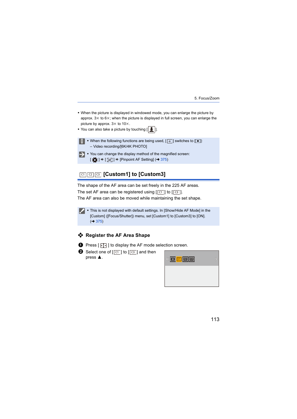 Custom1] to [custom3, Register the af area shape | Panasonic Lumix S5 Mirrorless Camera User Manual | Page 113 / 570