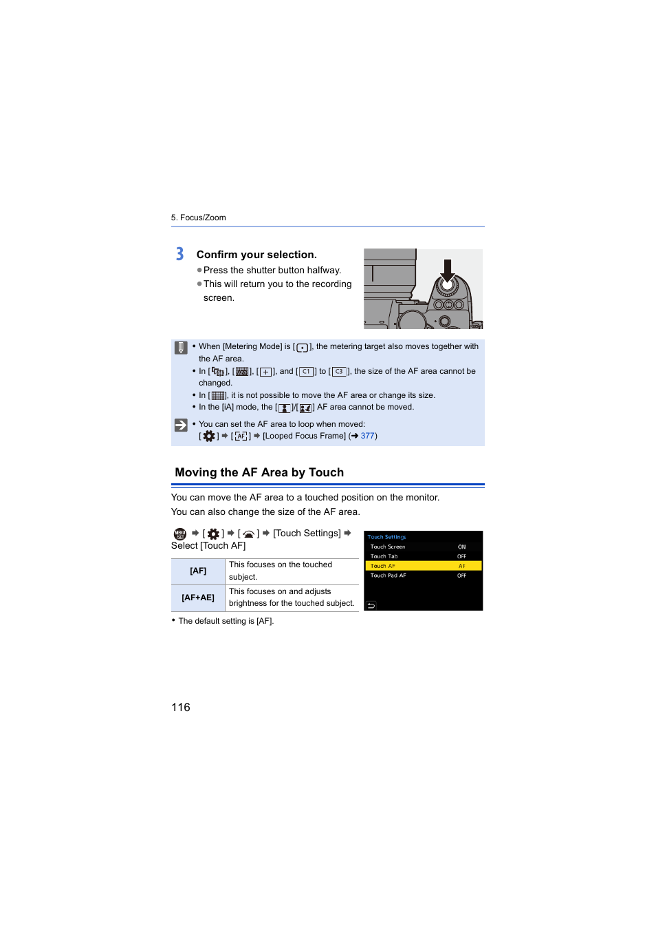 Moving the af area by touch, Confirm your selection | Panasonic Lumix S5 Mirrorless Camera User Manual | Page 116 / 570