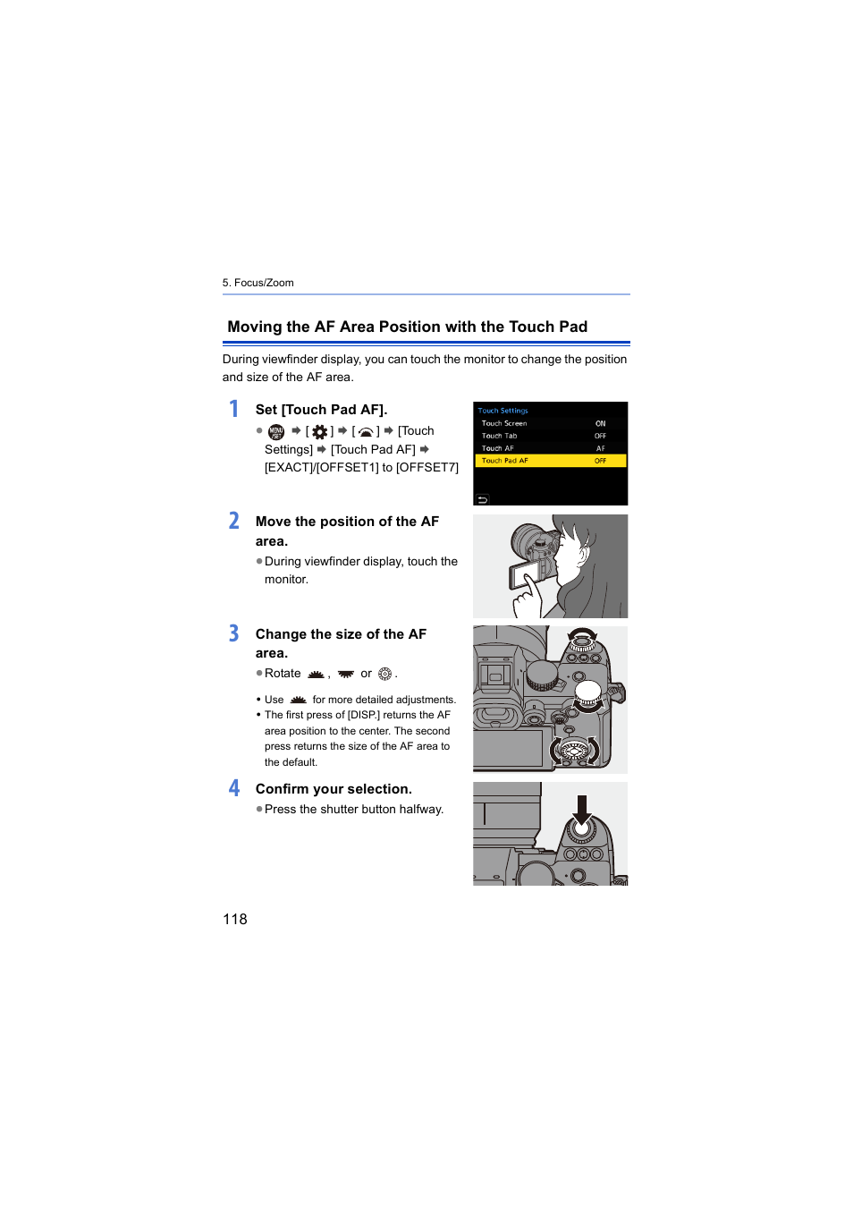 Moving the af area position with the touch pad | Panasonic Lumix S5 Mirrorless Camera User Manual | Page 118 / 570