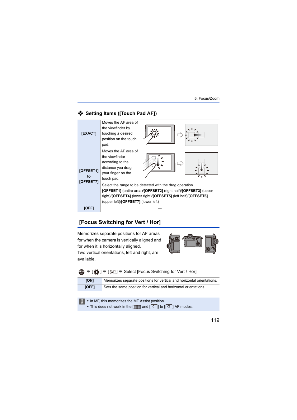 Focus switching for vert / hor, Setting items ([touch pad af]) | Panasonic Lumix S5 Mirrorless Camera User Manual | Page 119 / 570