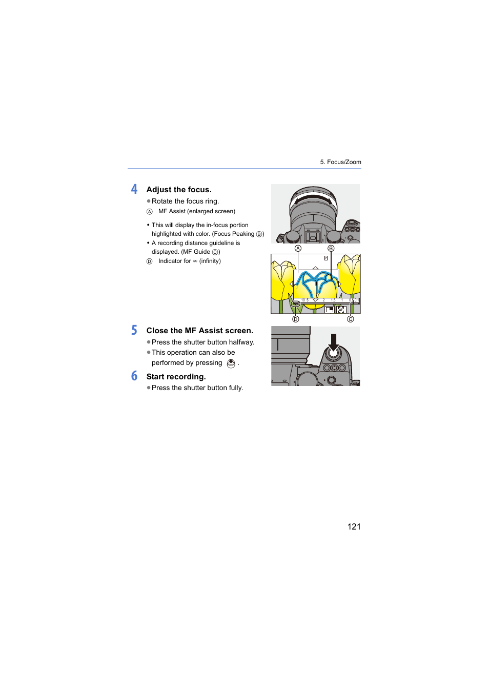 Focus ring, Adjust the focus, Close the mf assist screen | Start recording | Panasonic Lumix S5 Mirrorless Camera User Manual | Page 121 / 570