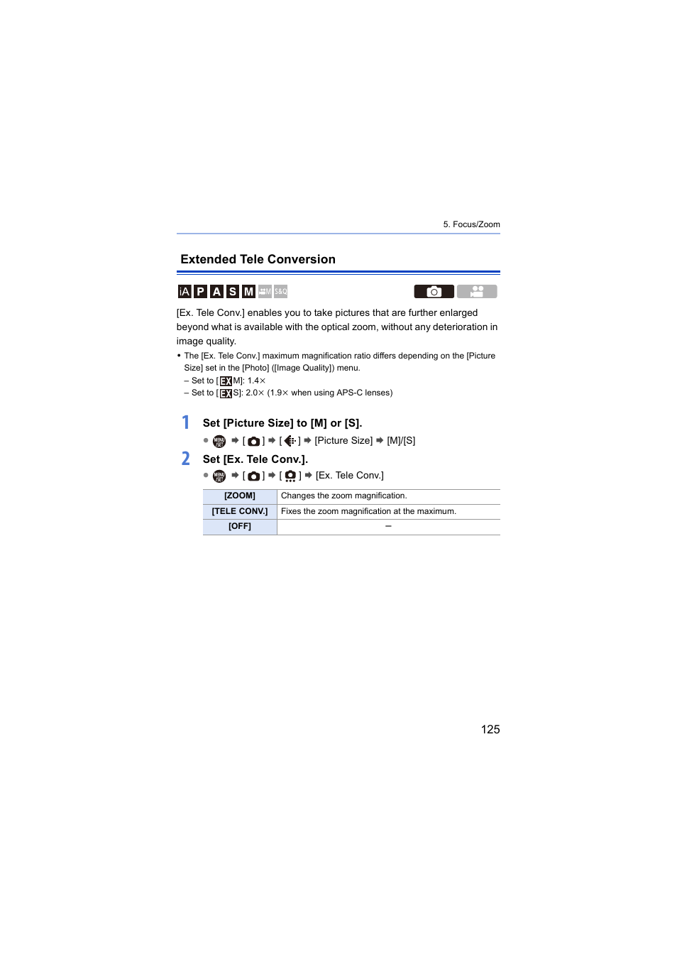 Extended tele conversion | Panasonic Lumix S5 Mirrorless Camera User Manual | Page 125 / 570