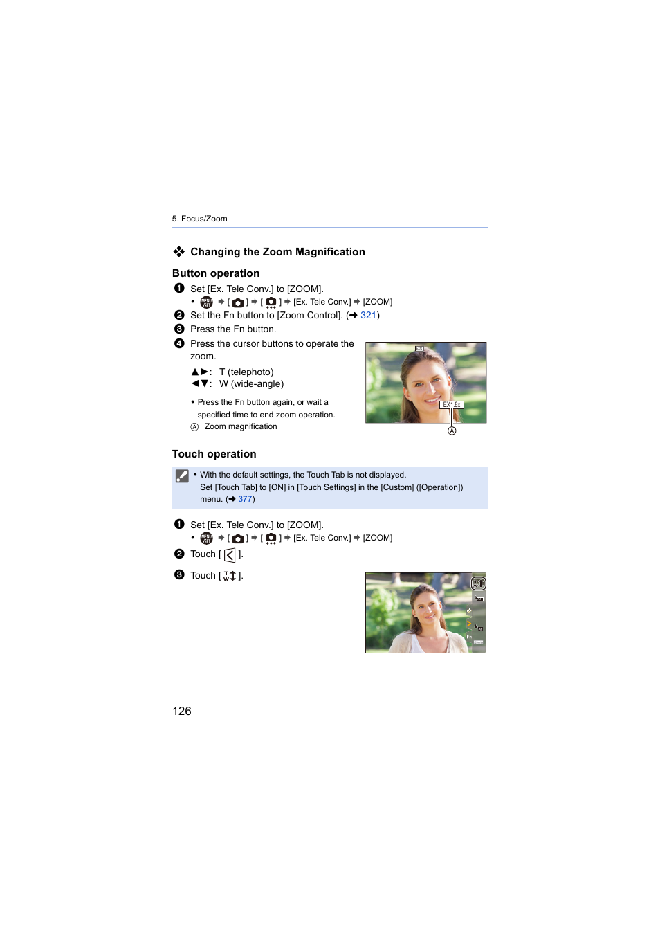 Changing the zoom magnification button operation, Touch operation | Panasonic Lumix S5 Mirrorless Camera User Manual | Page 126 / 570