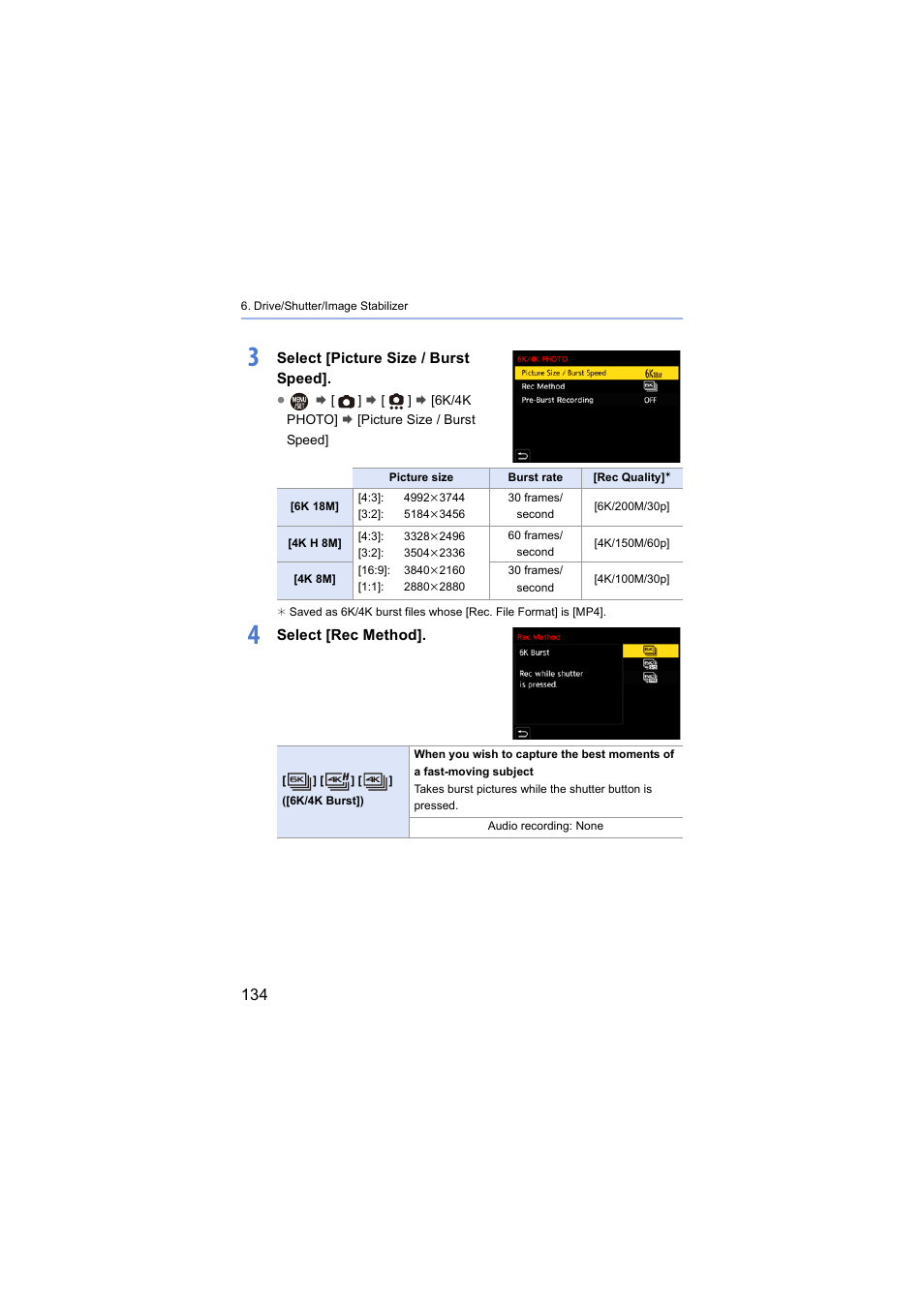 Select [picture size / burst speed, Select [rec method | Panasonic Lumix S5 Mirrorless Camera User Manual | Page 134 / 570
