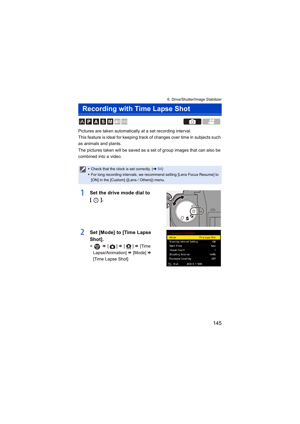 Recording with time lapse shot | Panasonic Lumix S5 Mirrorless Camera User Manual | Page 145 / 570