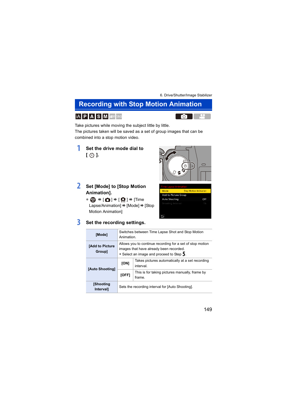 Recording with stop motion animation | Panasonic Lumix S5 Mirrorless Camera User Manual | Page 149 / 570