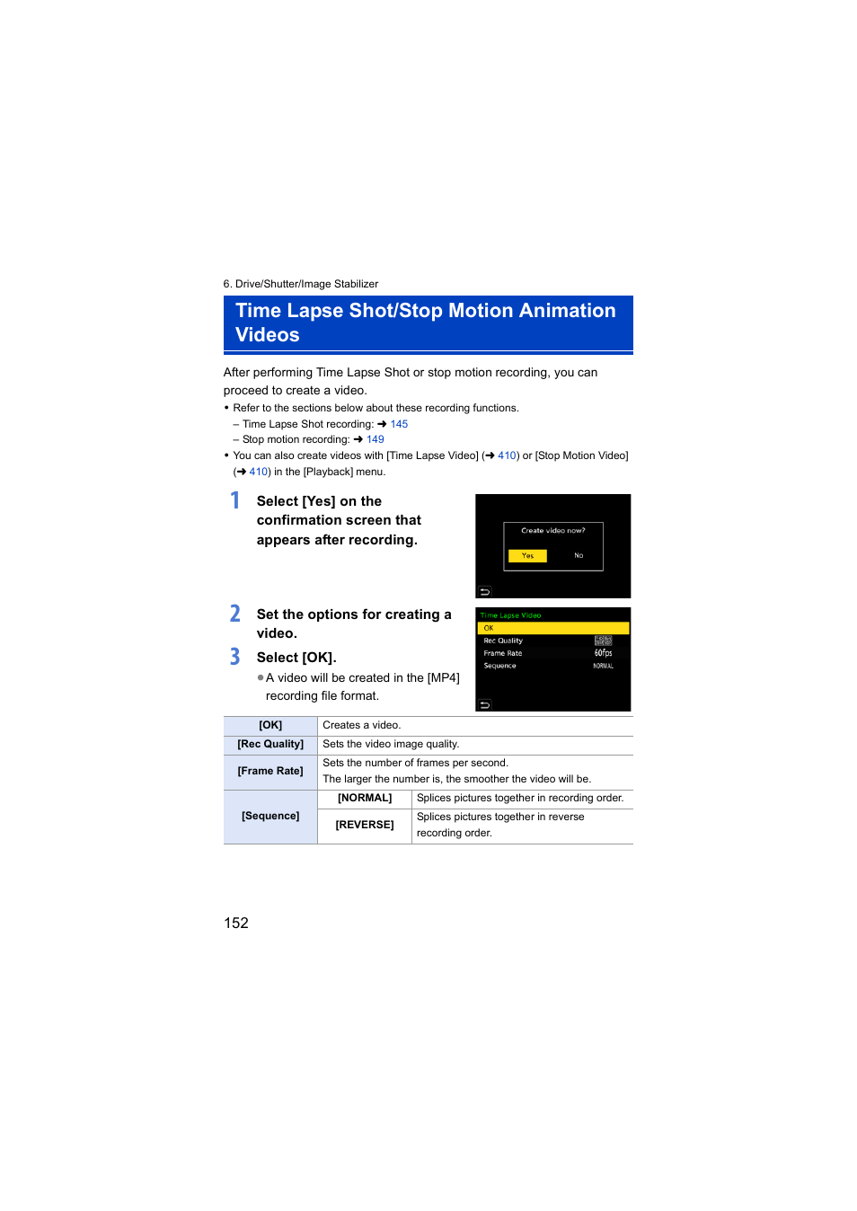 Time lapse shot/stop motion animation videos | Panasonic Lumix S5 Mirrorless Camera User Manual | Page 152 / 570