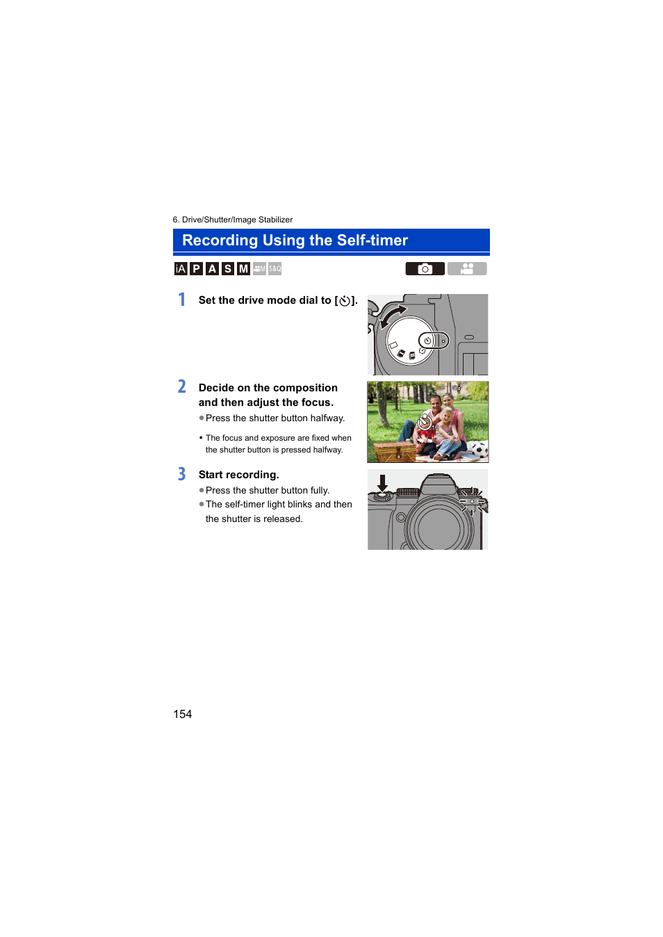 Recording using the self-timer, Self-timer light | Panasonic Lumix S5 Mirrorless Camera User Manual | Page 154 / 570