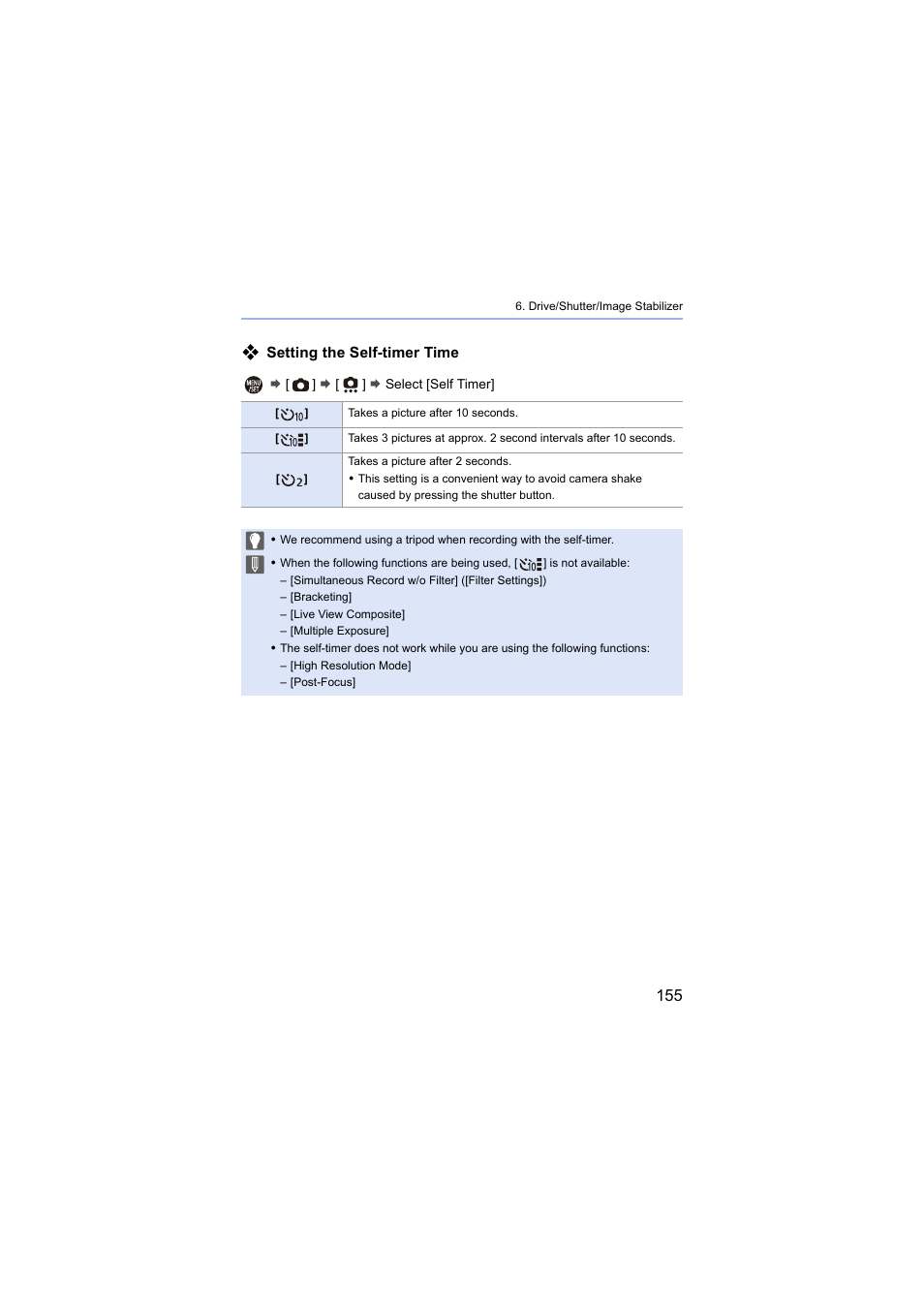 Setting the self-timer time | Panasonic Lumix S5 Mirrorless Camera User Manual | Page 155 / 570