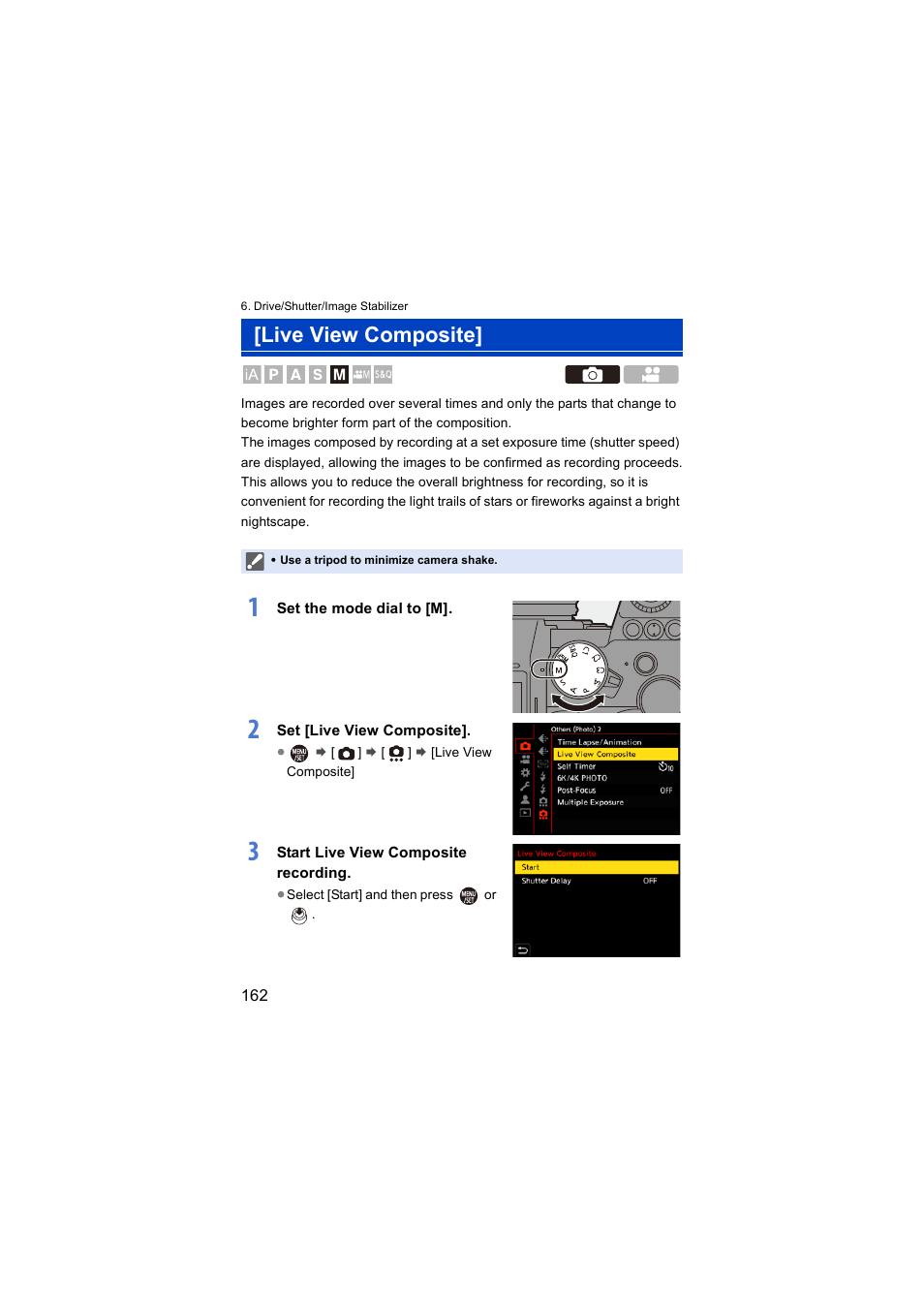 Live view composite | Panasonic Lumix S5 Mirrorless Camera User Manual | Page 162 / 570