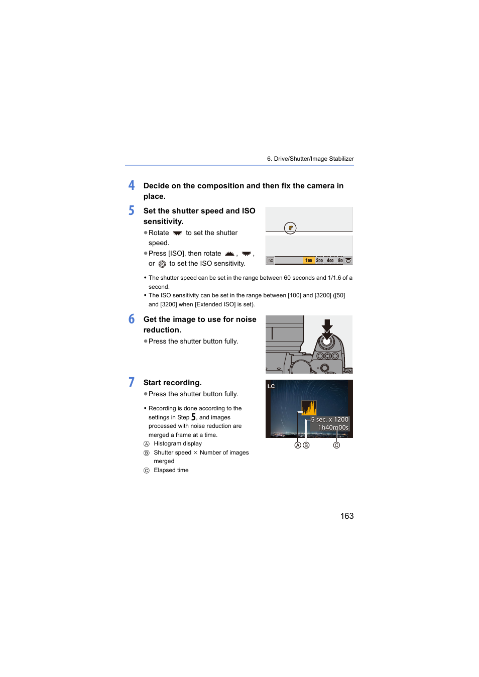 Set the shutter speed and iso sensitivity, Get the image to use for noise reduction, Start recording | Panasonic Lumix S5 Mirrorless Camera User Manual | Page 163 / 570