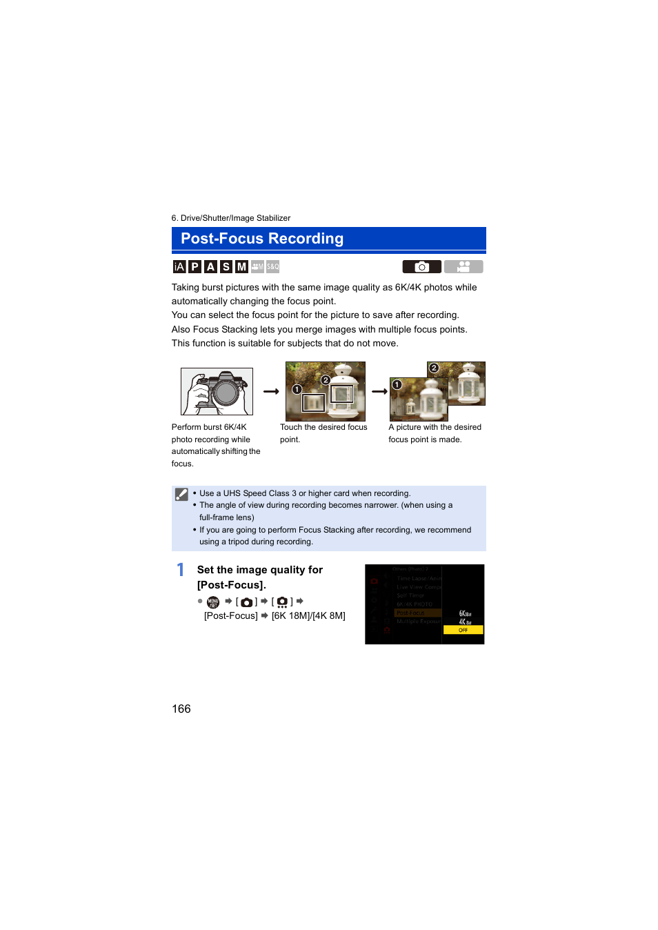 Post-focus recording | Panasonic Lumix S5 Mirrorless Camera User Manual | Page 166 / 570