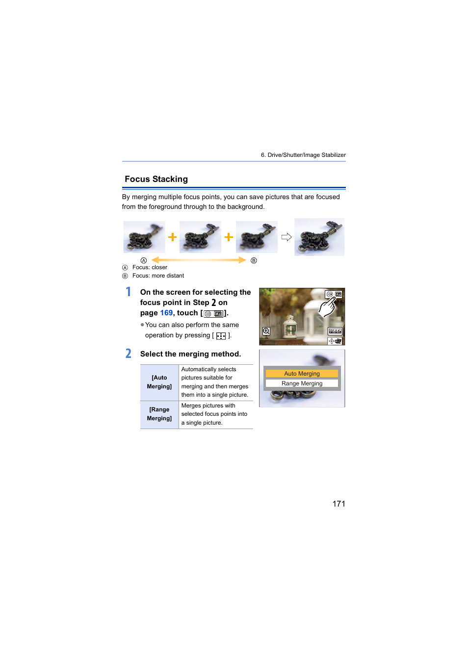 Focus stacking, Tacking operation | Panasonic Lumix S5 Mirrorless Camera User Manual | Page 171 / 570