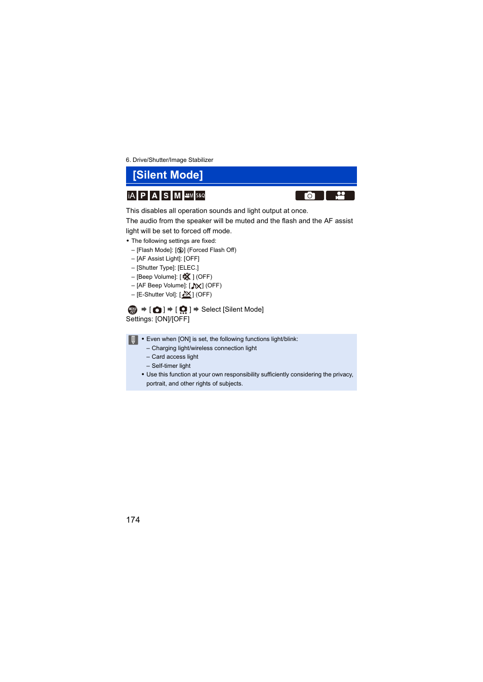 Silent mode | Panasonic Lumix S5 Mirrorless Camera User Manual | Page 174 / 570