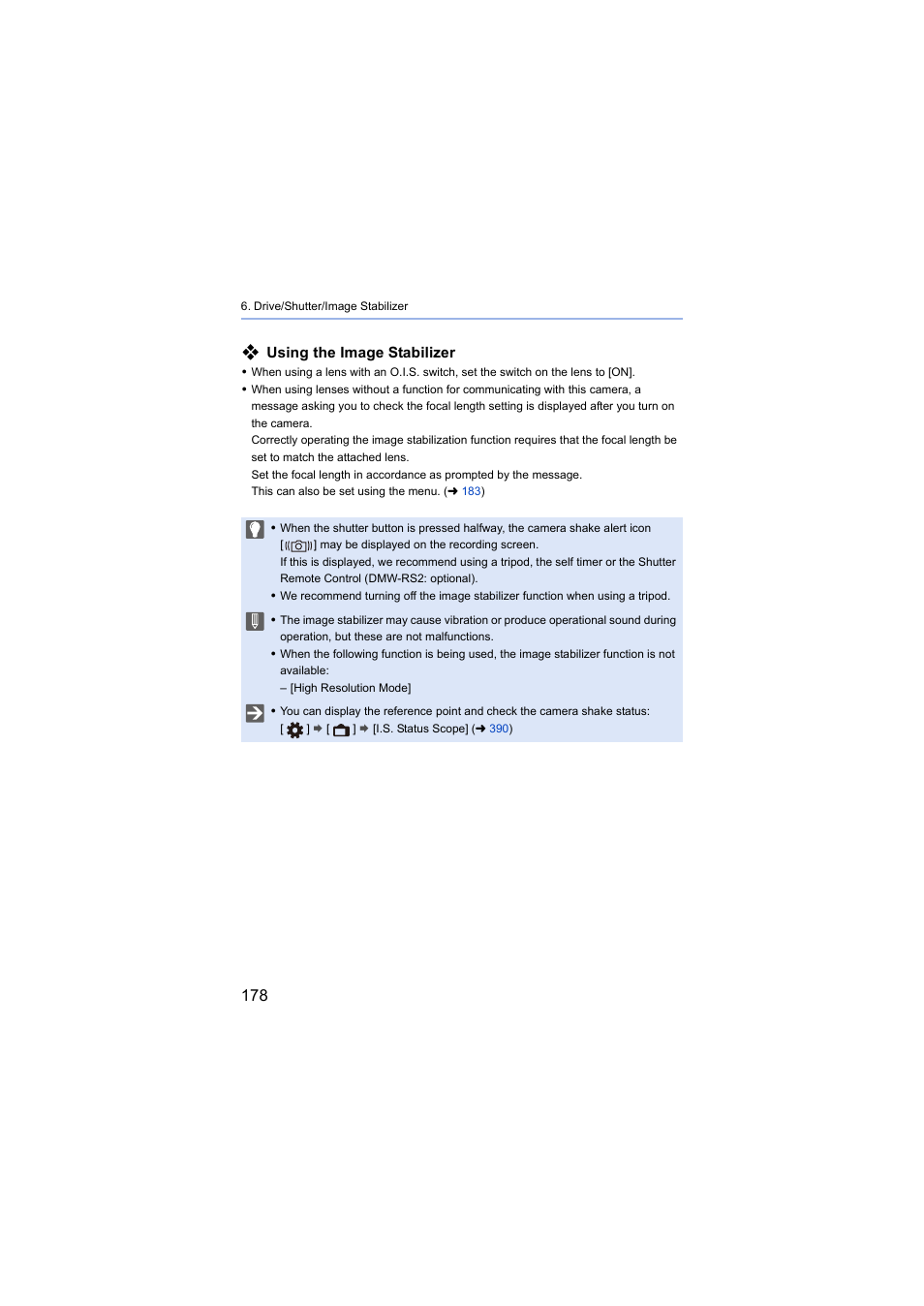 Using the image stabilizer | Panasonic Lumix S5 Mirrorless Camera User Manual | Page 178 / 570