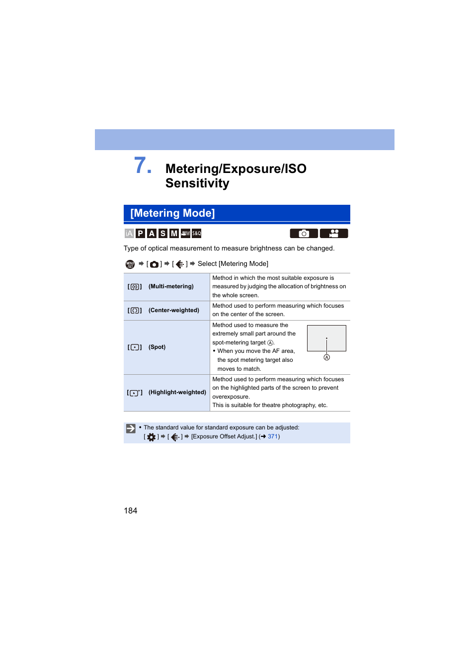 Metering/exposure/iso sensitivity, Metering mode | Panasonic Lumix S5 Mirrorless Camera User Manual | Page 184 / 570