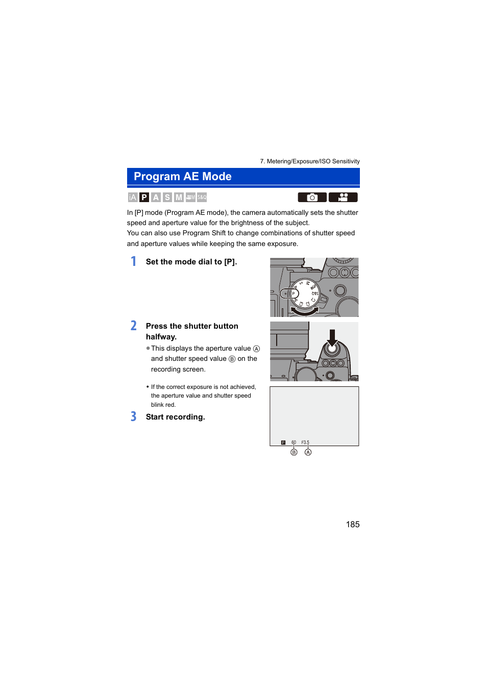 Program ae mode | Panasonic Lumix S5 Mirrorless Camera User Manual | Page 185 / 570