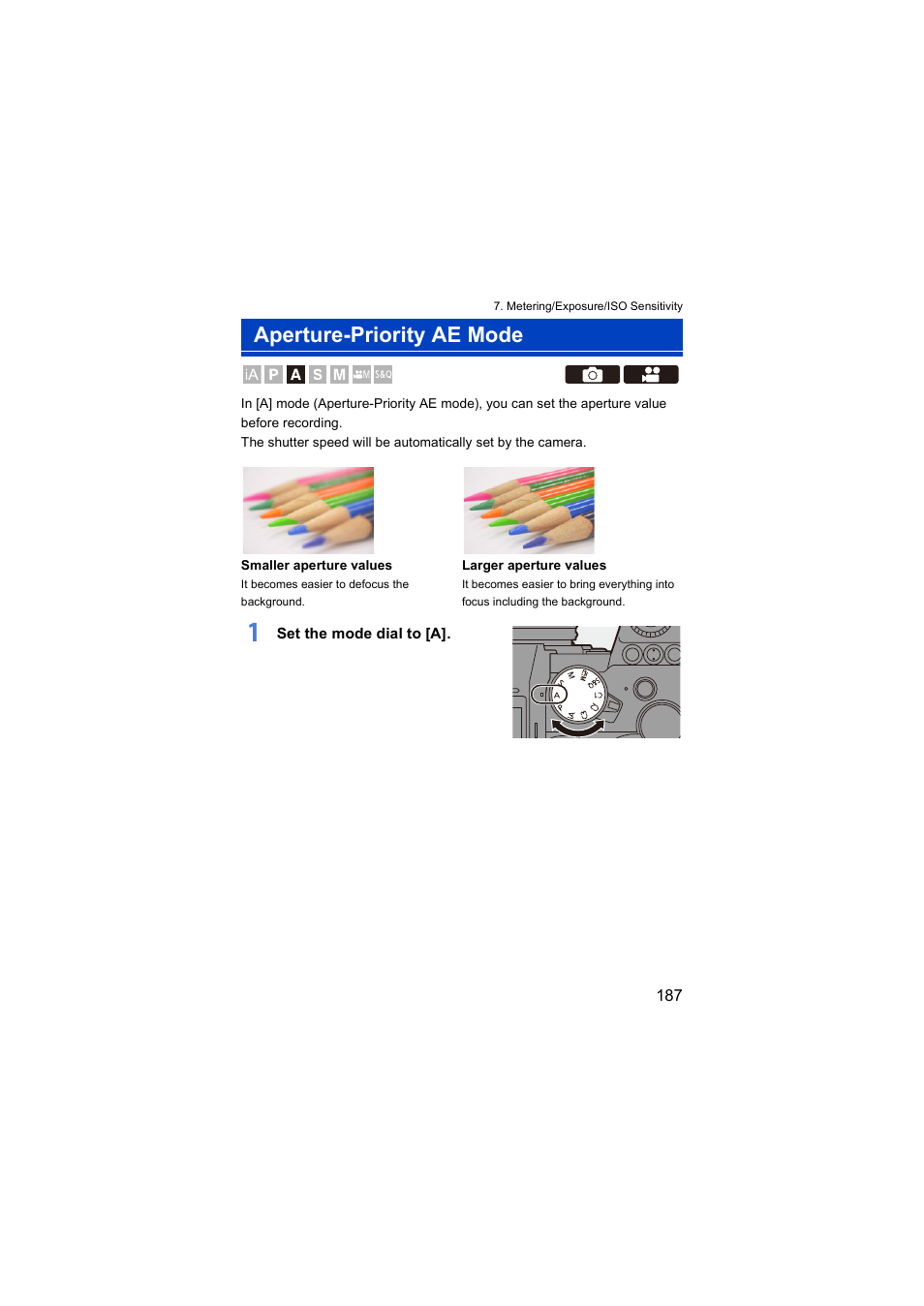 Aperture-priority ae mode | Panasonic Lumix S5 Mirrorless Camera User Manual | Page 187 / 570